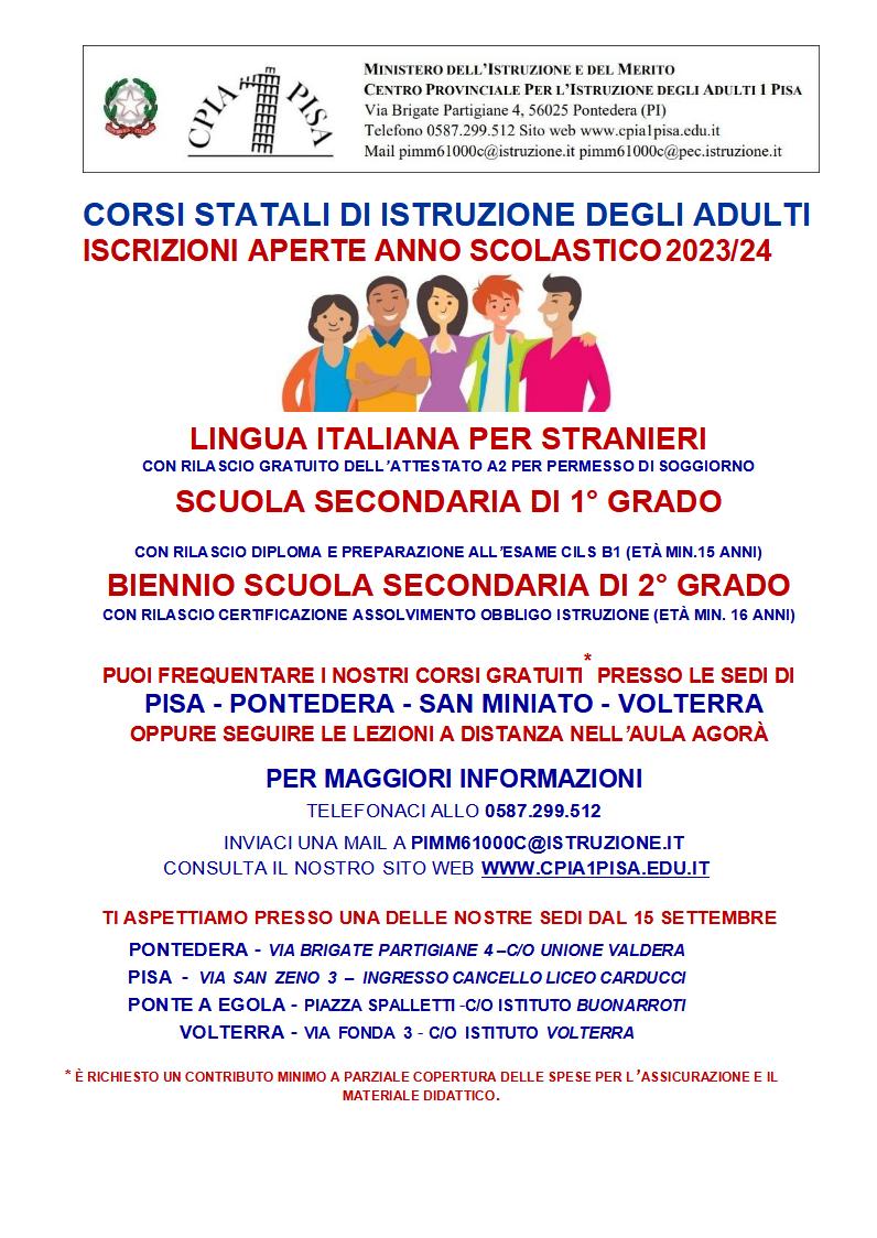 PERCORSI DI ISTRUZIONE DEGLI ADULTI ISCRIZIONI APERTE PER L’ANNO SCOLASTICO 2022/2023 CPIA PISA