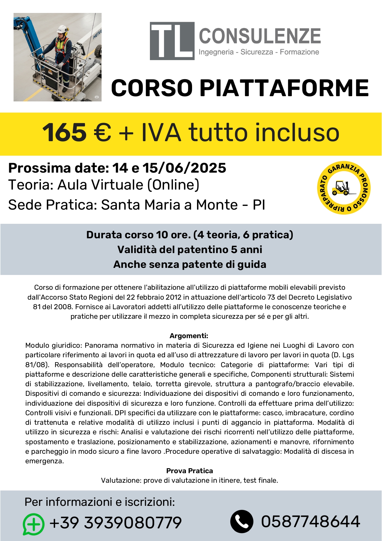 Patentino piattaforme aeree