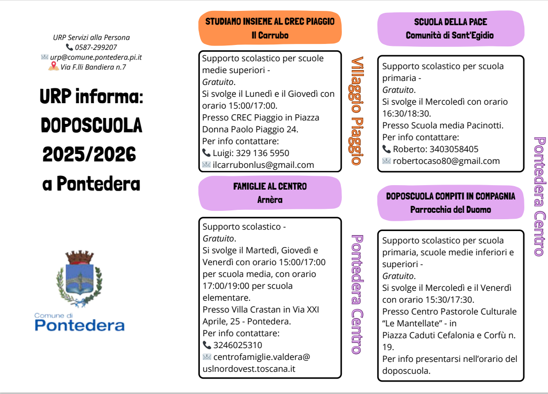 Iniziative di supporto scolastico 2025/ 2026 a Pontedera