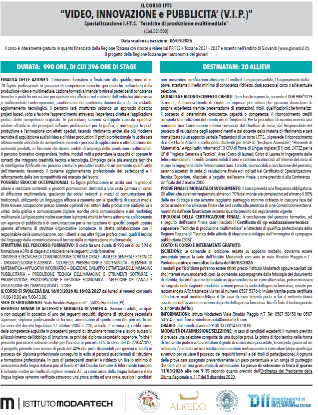 Corso gratuito Tecniche di produzione multimediale - Istituto Modartech 