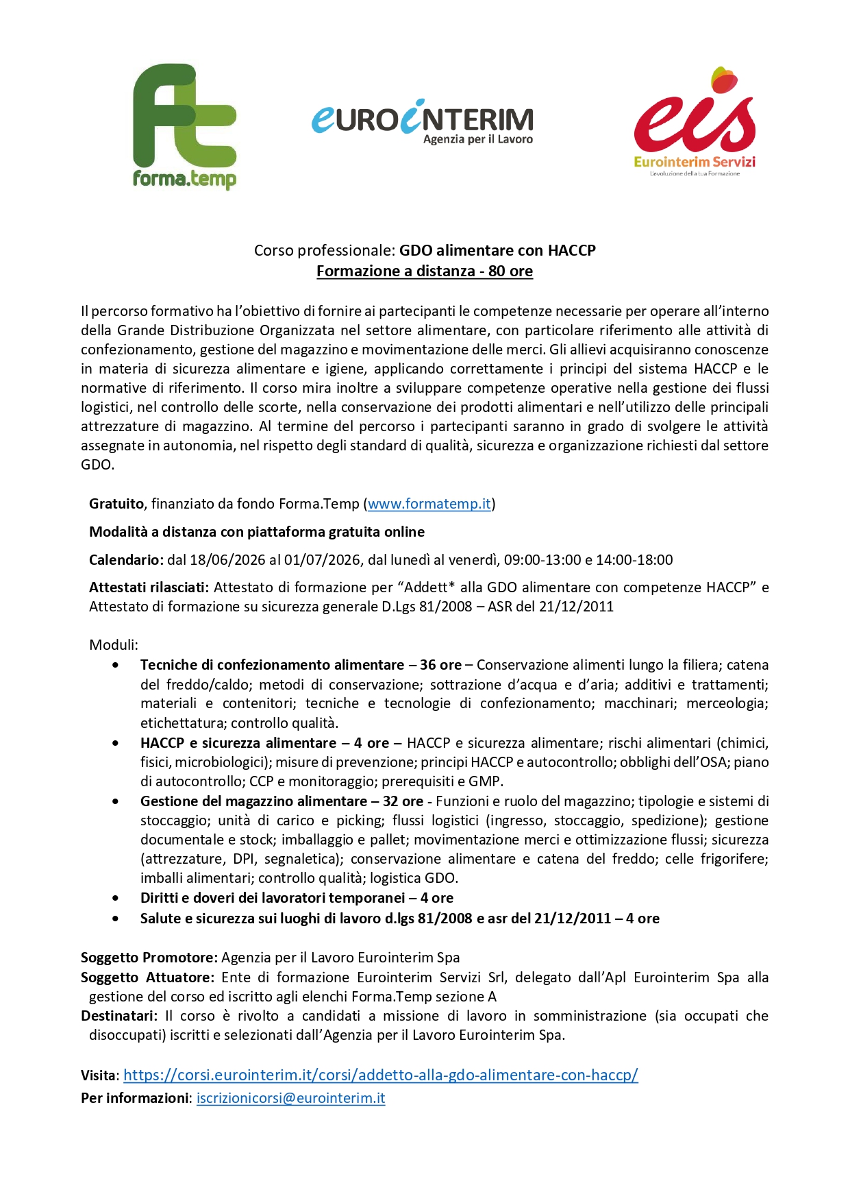 Corso gratuito GDO e HACCP