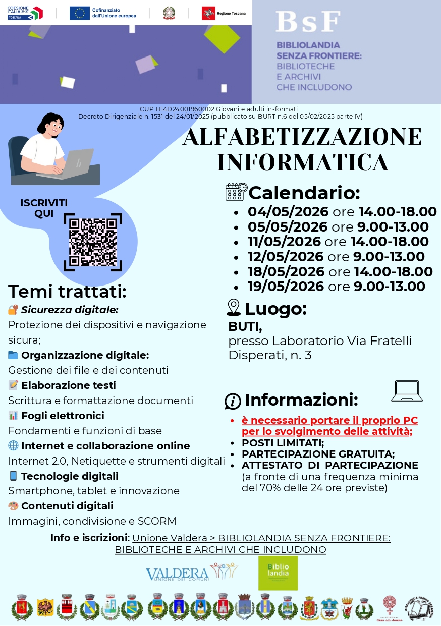 Bibliolandia Senza Frontiere - corsi formazione gratuiti - informatica Buti
