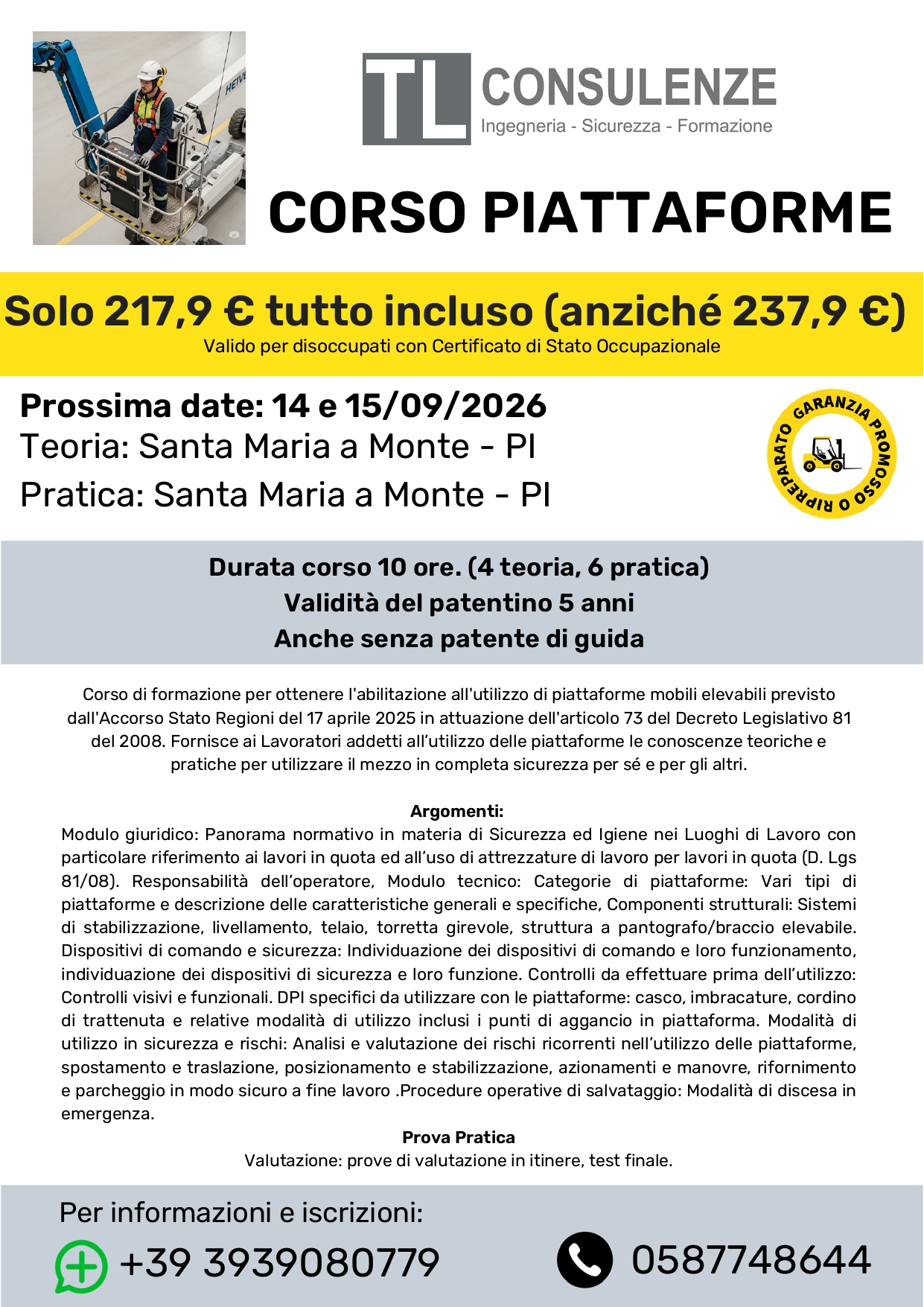 Corso Piattaforme Aeree di Lavoro (PLE)